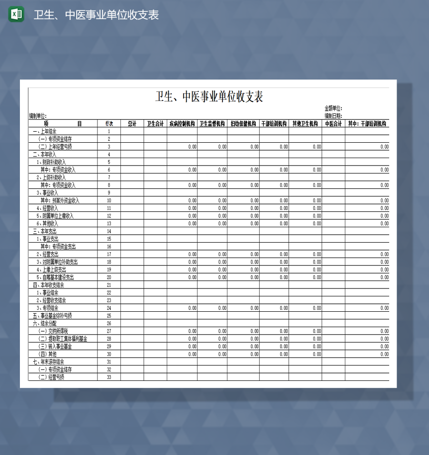 卫生中医事业单位收支表财务收支报表Excel模板