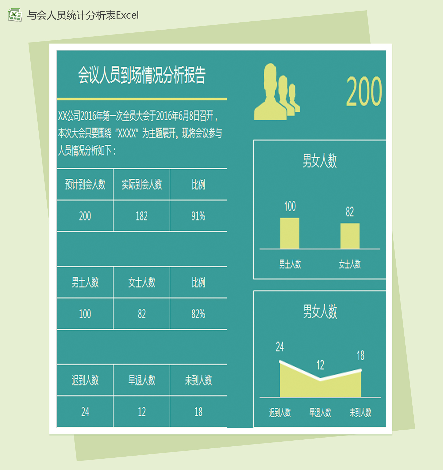 会议人员到场情况分析报告Excel模板