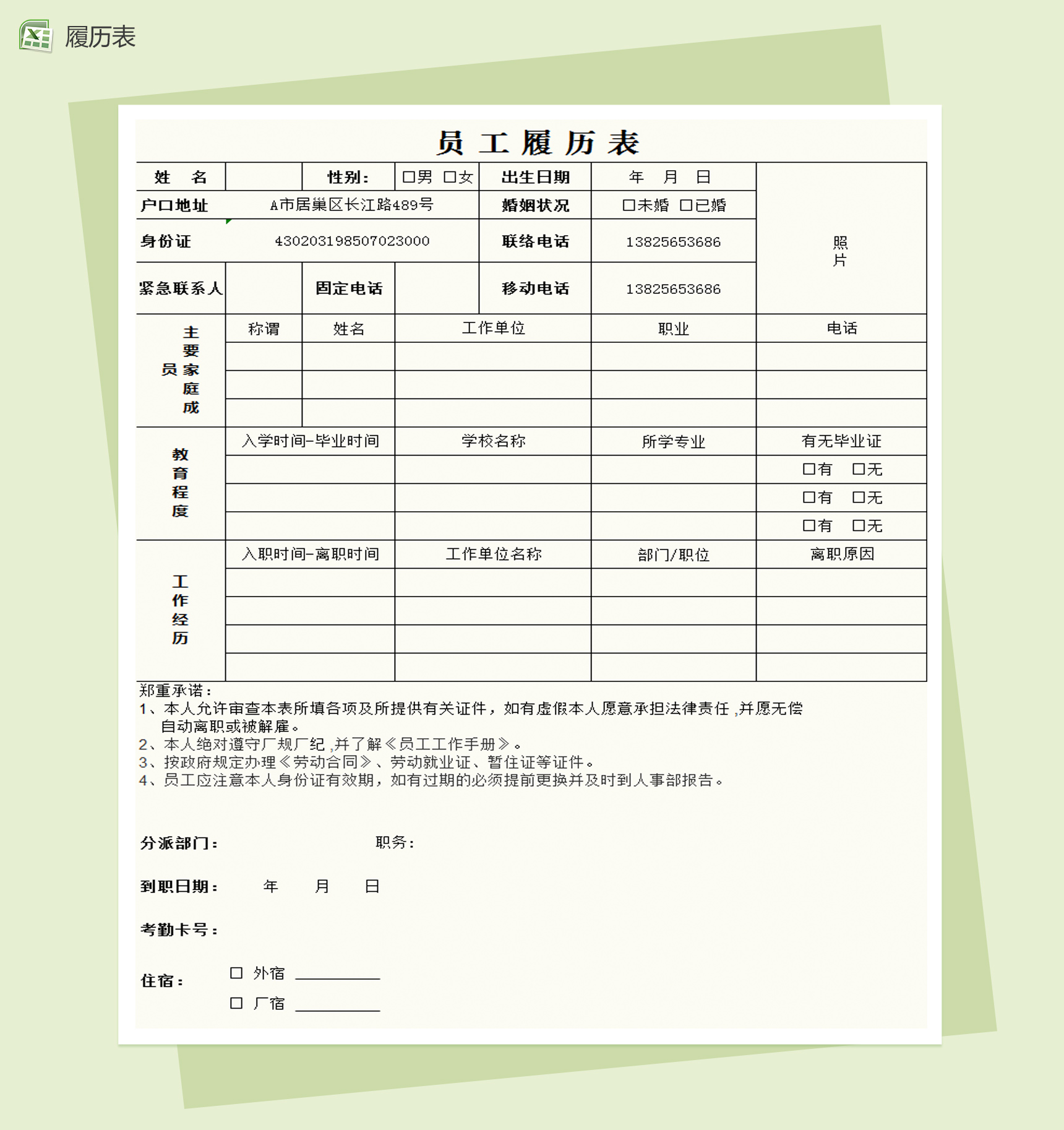 员工履历表Excel模板