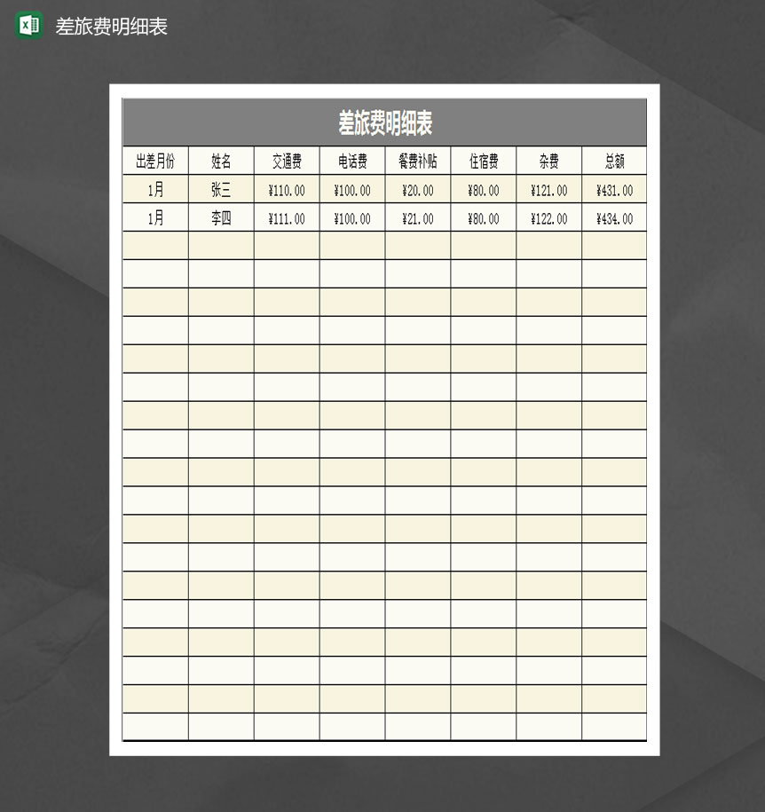 企业员工差旅费申报明细表Excel模板